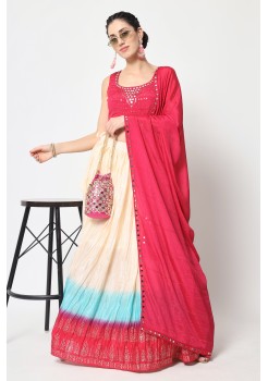 Red And Cream Chinon Silk Designer  Lehenga 
